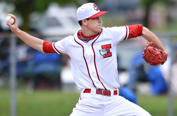 Photo courtesy of Rick Kintzel | The Morning Call. Easton right-hander Eddie Olsen struck out 16 batters in the Red Rovers' 10-2 win over Pleasant Valley in an EPC baseball quarterfinal Saturday