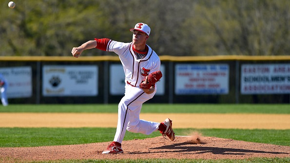 Photo courtesy of April Gamez | The Morning Call. Easton's Eddie Olsen (5) pitches against Emmaus.