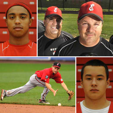 Easton Area High School baseball players Nick Beinlich, upper left, Ryan Briskie, below left, and Rohan Kilpatrick, below right, and coaches Greg Hess and Carm LaDuca experienced the gift of giving during the holiday season.